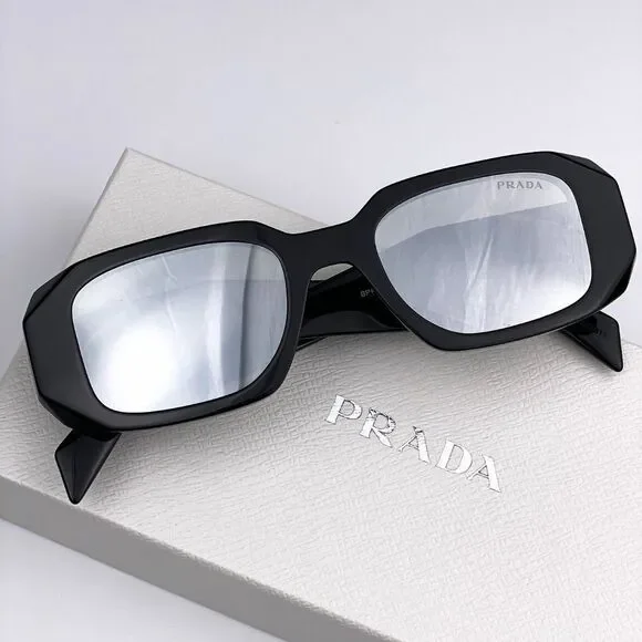 NEW Prada PR17WS 1AB2B0 Black Light Gray Mirrored Silver Square Unisex - Picture 10 of 14